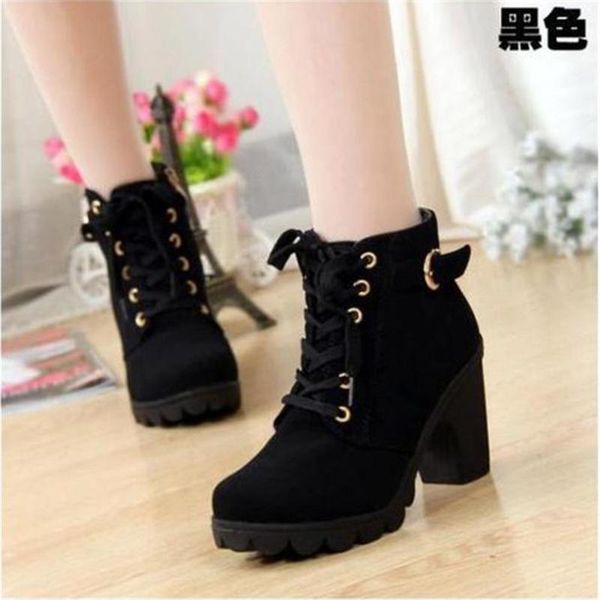 

high-heeled thick-heeled casual women's boots, platform ankle round toe boots, Black