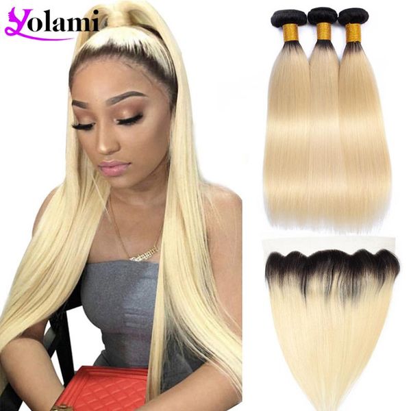 

human hair bulks yolami 1b613 blonde bundles with frontal ombre dark roots brazilian straight 3/4 13x4 ear to, Black