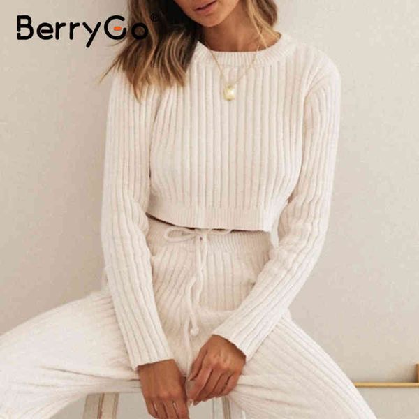 

berrygo casual stripe knitted suit o-neck fashion autumn winter two piece women's sports solid long sleeve 210513, White