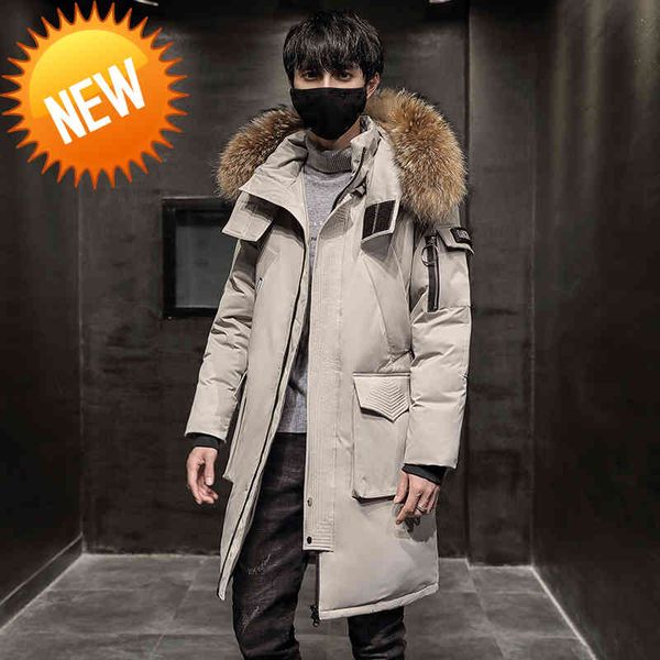 

kuyomens men down jacket long parka coat white duck winter outwear hooded overcoat, Black