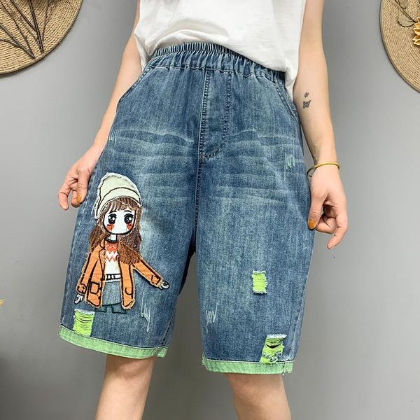 

women's jeans korean women baggy shorts streetwear femme high waist denim teen cute patchwork ripped distressed short pants, Blue