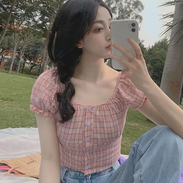 

oioninos women's simple square collar short sleeve plaid print buttons basic blouse women's blouses & shirts, White