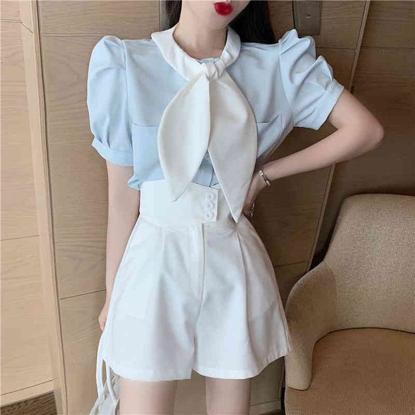 

women's jumpsuits & rompers korean ol two piece set women bow sleeve loose shirt + high waist wide leg pants suits blouse shor, Black;white