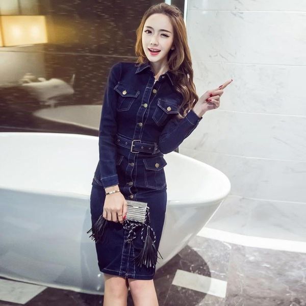 

casual dresses elegant office ladies slim fit sashes womens denim long sleeve single breasted pockets medium length female wrap, Black;gray