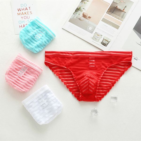 

summer new ice silk men's boxers transparent breathable striped fun, Black;white