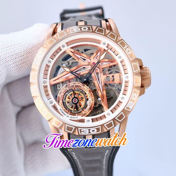

46mm excalibur spider rddbex0753 automatic mens watch tourbillon gold skeleton dial white inner rose gold case gray leather rubber strap wat, Slivery;brown