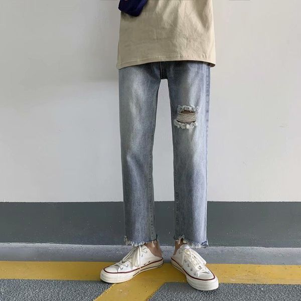 

summer ripped jeans mens fashion retro casual straight jeans men pants streetwear wild loose hip-hop ripped denim trousers mens, Blue