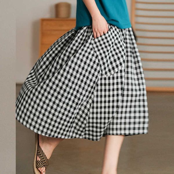 

2021 plaid skirt summer cool age reduction high waist large swing umbrella medium length, Black