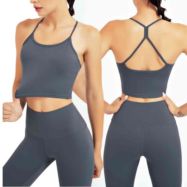 

beautiful back cross strap bra sports suit fitness yoga outdoor tight running, Gray