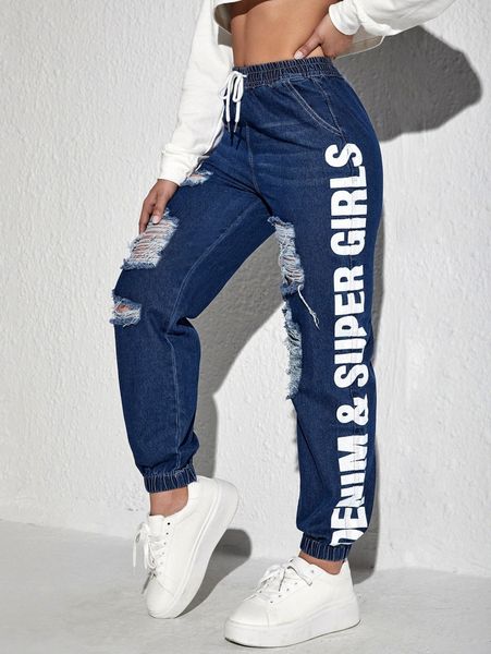 

slogan graphic drawstring waist ripped tapered jeans h3w4#, Blue