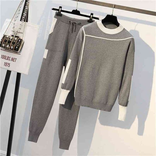 

autumn runway 2 pieces set knitted long sleeve pullovers sweater casual patchwork knit jumper and pants suits 210520, White