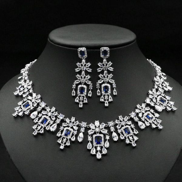 

earrings & necklace zlxgirl jewelry rhodium plated blue green peach cubic zircon wedding with earring sets women's bridal neclace, Silver
