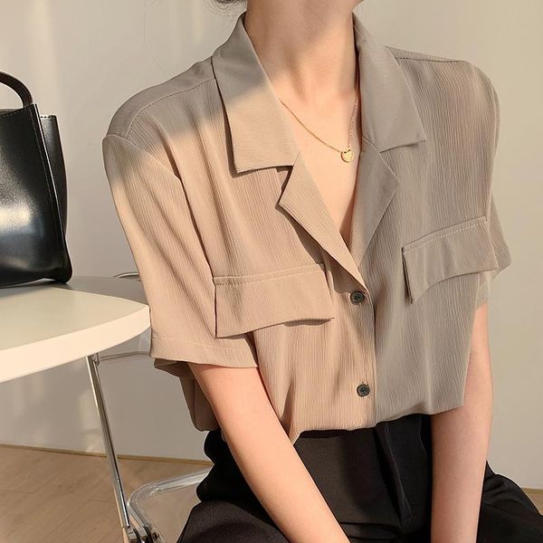 

real po 2021 summer suit collar short sleeve shirt women's design sense minority retro hong kong style slim suits & blazers, White;black