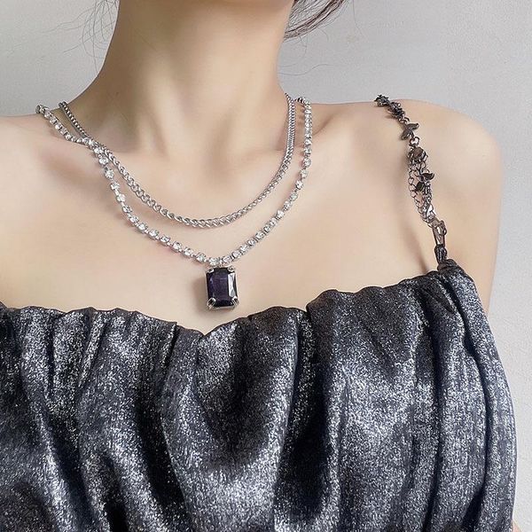 

pendant necklaces origin summer hiphop metal double-layer geometric square necklace for women trendy rhinestone black jewellery, Silver