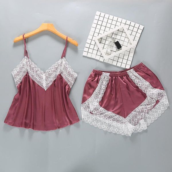 

pink women sleepwear summer 2pc robe gown strap pants pajamas sets lady home wear nightgown suit sleepshirts, Black;red