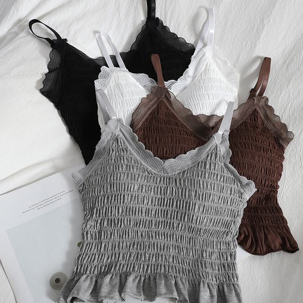 

stitching lace v-neck camisole women's summer self-cultivation pleated ruffles short shirt korean vest camis 210420, White