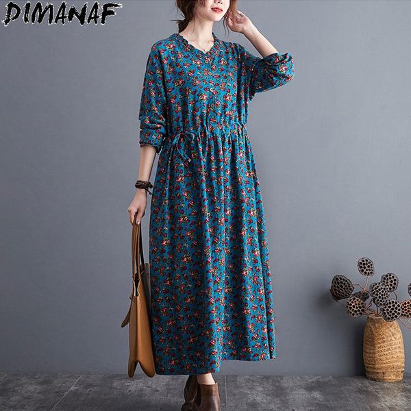 

plus size women dress 2021 linen vintage retro long sleeve floral print holiday elegant vestidos loose autumn clothing casual dresses, Black;gray
