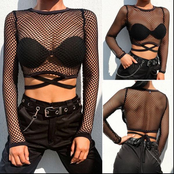 

hollow out fishnet mesh womens shirts sheer crop long sleeve bodycon see through transparent shirt tee clubwear, White