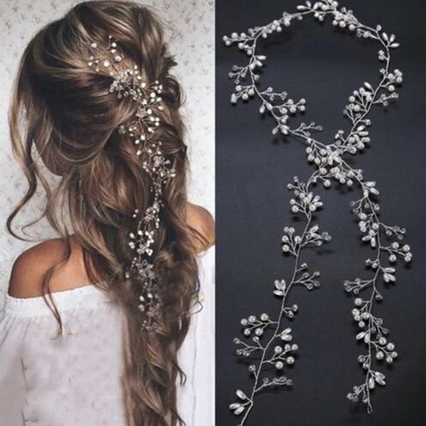 

hair clips & barrettes crystal pearl bridal tiaras hairbands hairpins bridesmaid diamante vine accessories wedding jewelry 35cm headwear, Golden;silver