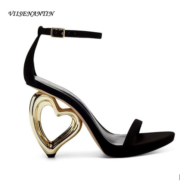 

sandals solid color metal love wedge with a word buckle fashion 2021 summer open toe black special-shaped high heels