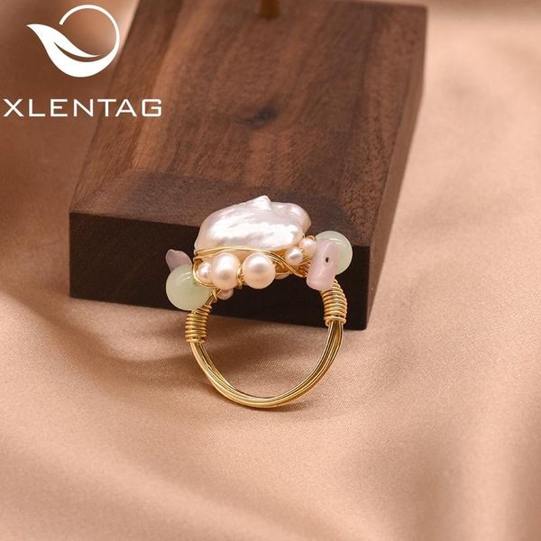 

cluster rings xlentag handmade original natural pink baroque pearl green stone ring for women wedding engagement fine jewellery gr0233, Golden;silver