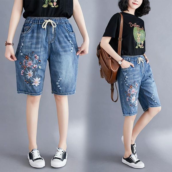 

summer folk style elastic waist women shorts floral embroidery drawstring ripped office lady casual loose denim short, White;black