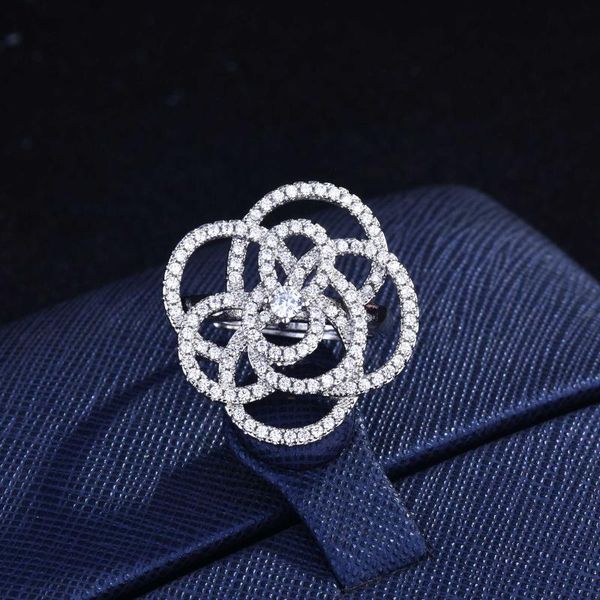 

cluster rings solid 925 sterling silver for women hollow flower micro pave zircon stone wedding ring bijoux bague trendy, Golden;silver