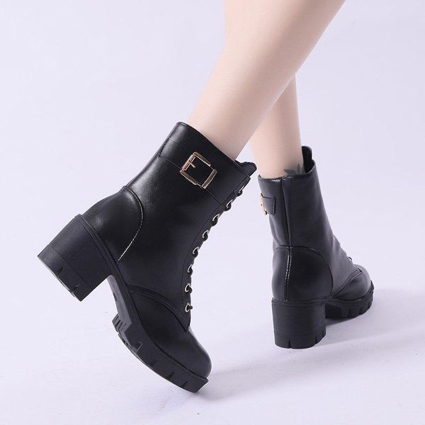 

boots platform shoes women motorcyle 2021 winter fashion belt chunky booties bigh riding high heels botas retro mujer 8499g, Black
