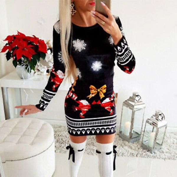 

autumn winter mini dress women christmas loose long sleeve dresses ladies print fashion jumper casual, Black;gray
