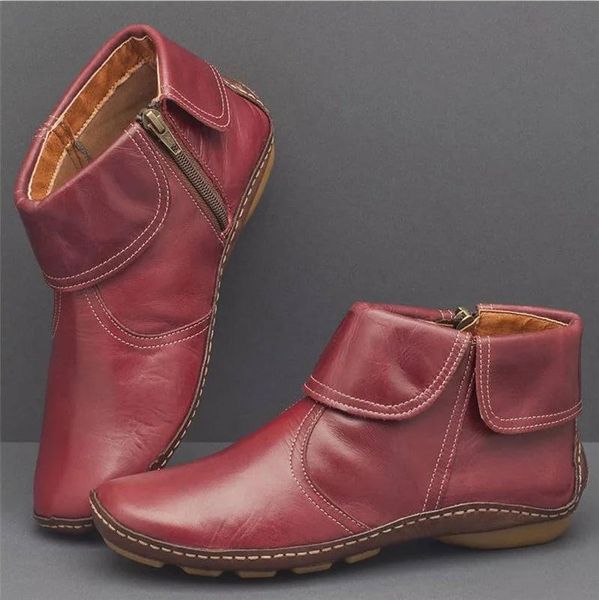 

boots women's round head pu casual short women leather side zipper winter warm flats heeled shoes, Black