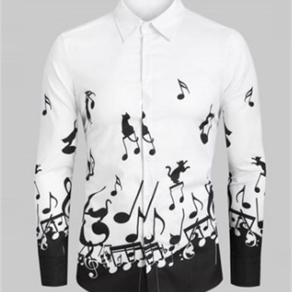 

men's shirts fashionable street style series digital printing dynamic notes long sleeve shirt, White;black