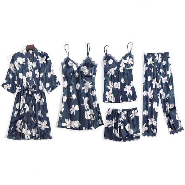 

women's shorts winter new ice silk 5 pcs pajamas stain printing flower fashion sleepwear with chest pad spaghetti strap night, White;black