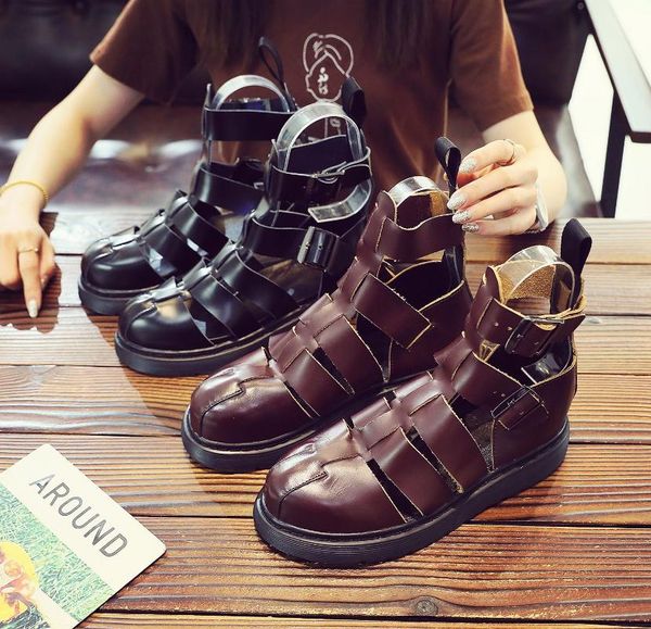 

boots summer fashion roman sandals women's metal buckles men and women all-match leather trendy shoes, Black
