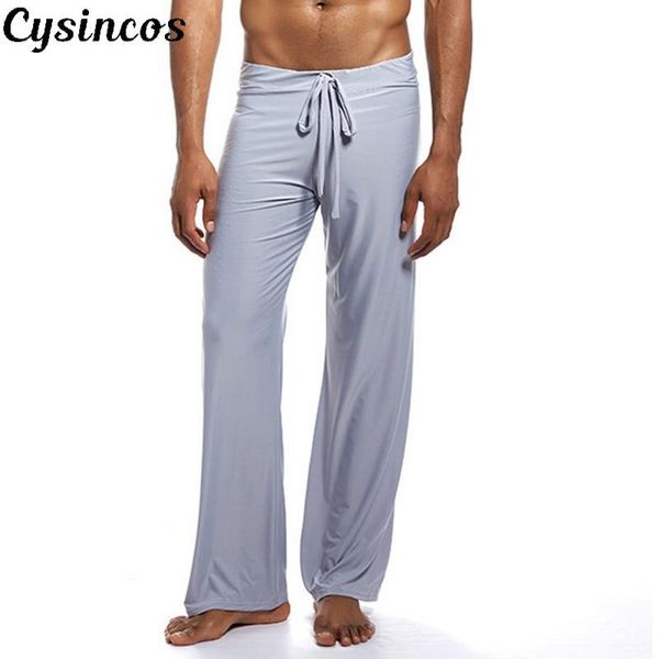 

men's pants cysincos 2021 ice silk home pajama solid color lace up loose yoga trousers cotton quality comfortable, Black