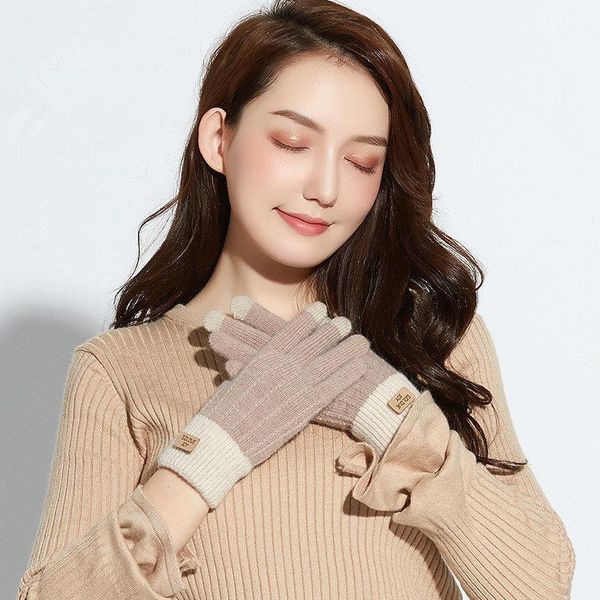 

five fingers gloves 2021 cashmere knitted ladies autumn and winter warm outdoor plus velvet thick cute lamb wool, Blue;gray