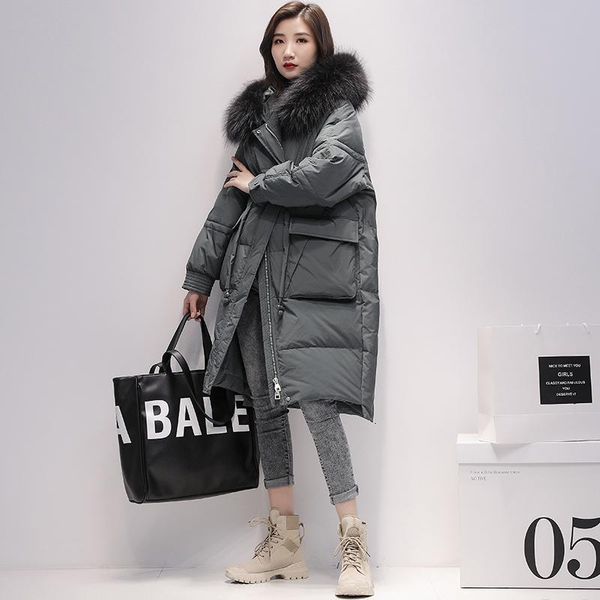 

Women's Down & Parkas Large Real Raccoon Fur Women Autumn Winter Jacket Hooded Warm Female White Duck Coat Loose Medium Long R83 4S89, Black