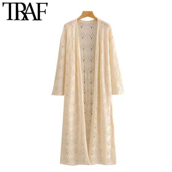 

women fashion hollow out loose knitted cardigan sweater vintage v neck long sleeve female outerwear chic 210507, White