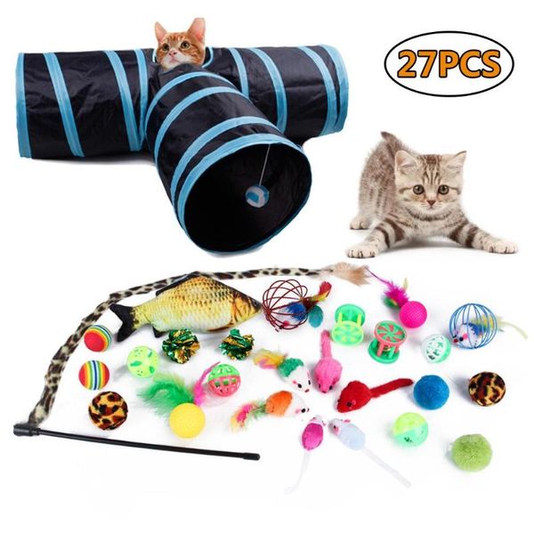 

cat toy collapsible tunnel 3 holes play tube funny stick mouse ball bell set pet kitten interactive toys