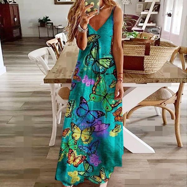 

casual dresses women strap dress maxi butterfly print straight long v neck sleeveless cami with pockets summer robe, Black;gray