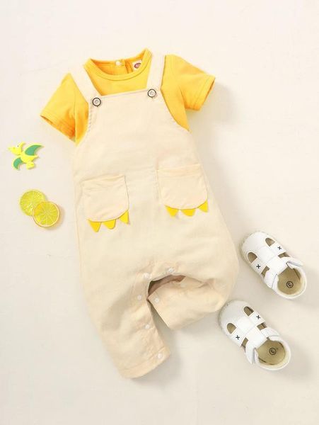 

baby solid tee & 3d patched dual pocket overalls she, White