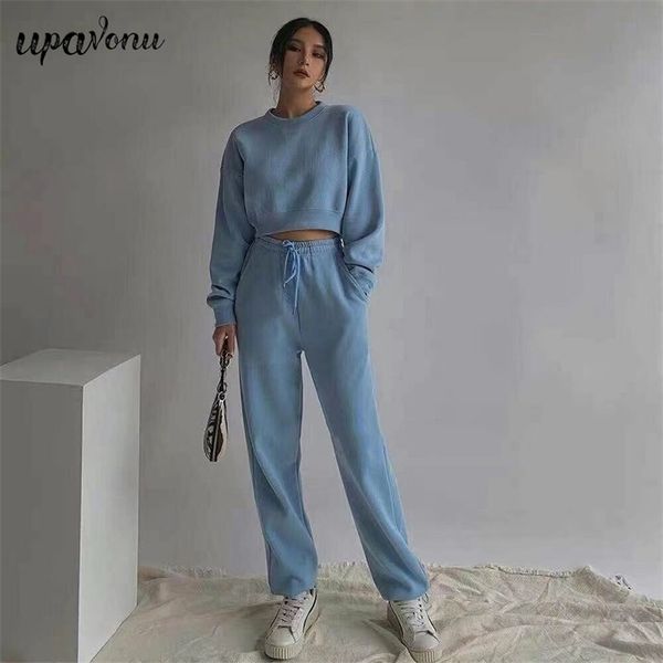 

women's solid sweatpants set casual o-neck long sleeve short sweater & pants loose two-piece 210524, White