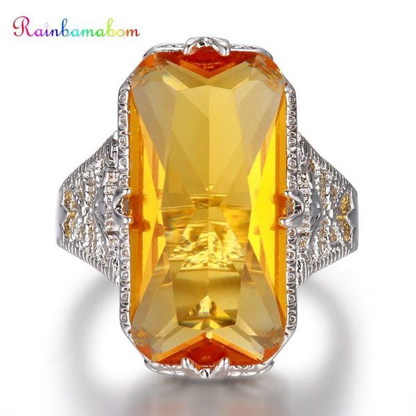 

cluster rings rainbamabom 925 solid sterling silver huge citrine gemstone wedding engagement hollow ring fine jewelry wholesale drop, Golden;silver