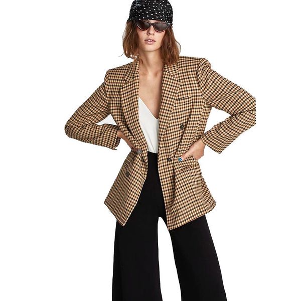 

women's suits & blazers vintage double breasted plaid blazer jackets women full sleeve lapel loose chic 21 autumn pockets outerwear fe, White;black