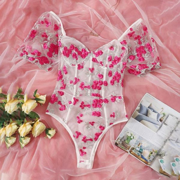 

bras sets rose embroidery women exotic lingerie sensual see through underwear teddy bodysuit sleepwear porm jumpsuit, Red;black