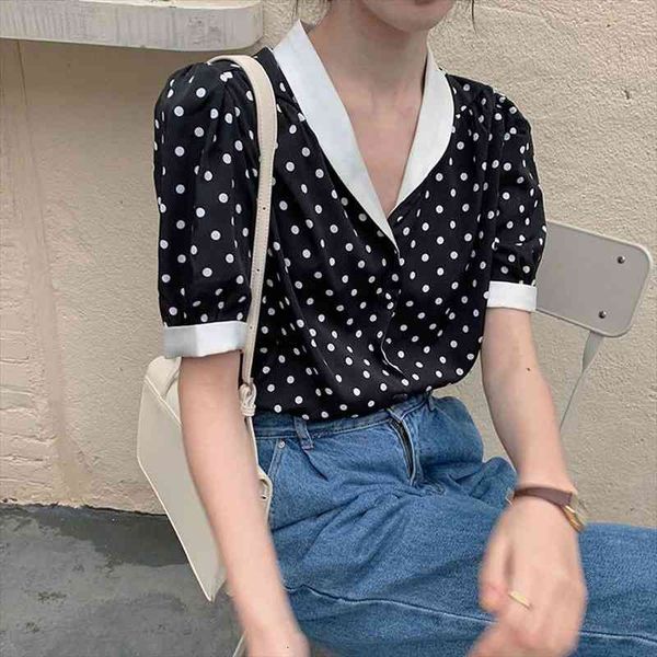

women blouses korean style polka dot chiffon shirts v neck summer short sleeve casual, White