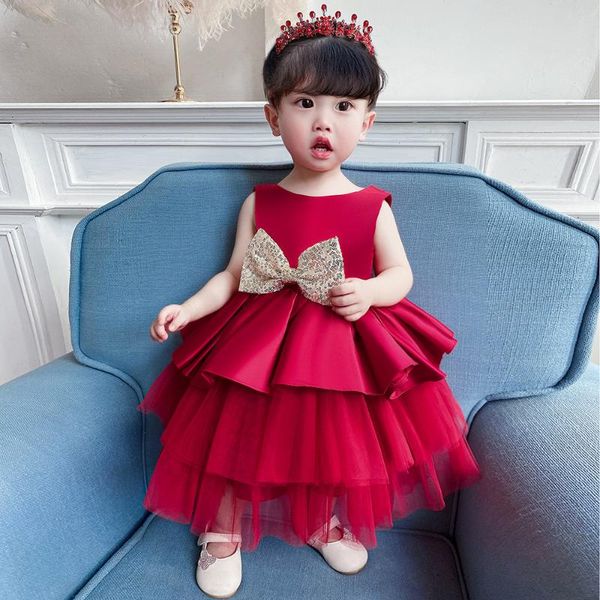 

girl's dresses 2021 european and american mesh tulle cake skirt bow year-old dress baby girl, Red;yellow