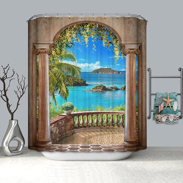 

balcony beach scenery shower curtain waterproof sea bathroom polyester fabric curtains