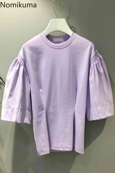 

nomikuma spring summer new graphic t shirts korean pleated puff sleeve o-neck tee causal solid women tshirt 6g282 210427, White