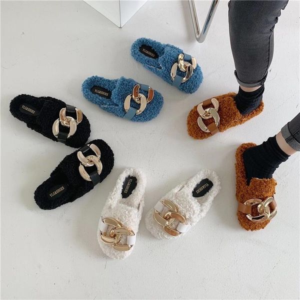 

design women fur slippers metal buckle mules shoes casual winter warm home plush slides flip flops, Black