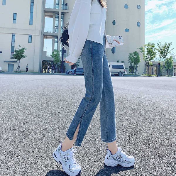 

elastic high waist split straight jeans for women's loose and slim pipe in spring summer of 2021, Blue